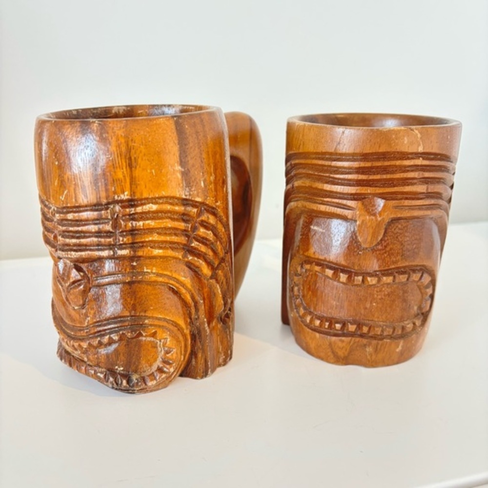 Set of TWO VINTAGE wood Tiki mugs tiki bar Hawaiian hand carved tiki warrior